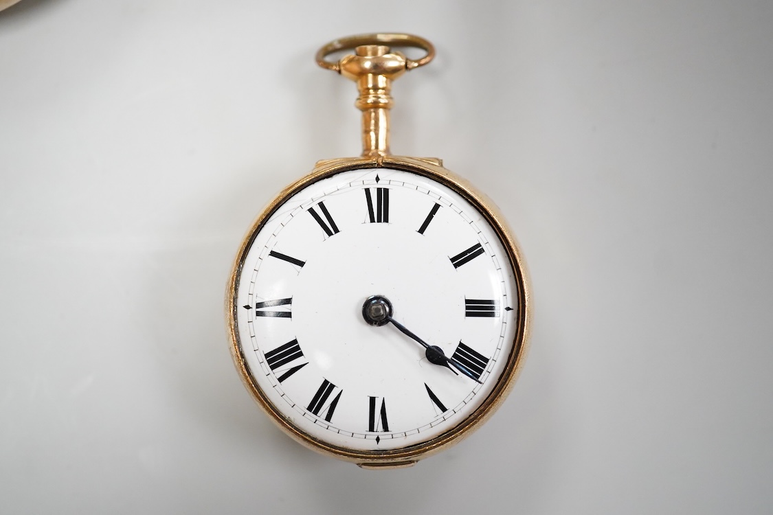 An early 19th century gilt metal pair cased keywind verge pocket watch by Matthew Derbyshire of Wakefield, with Roman dial, outer case diameter 48mm, lacking glass, together with four assorted gold plated pocket watches